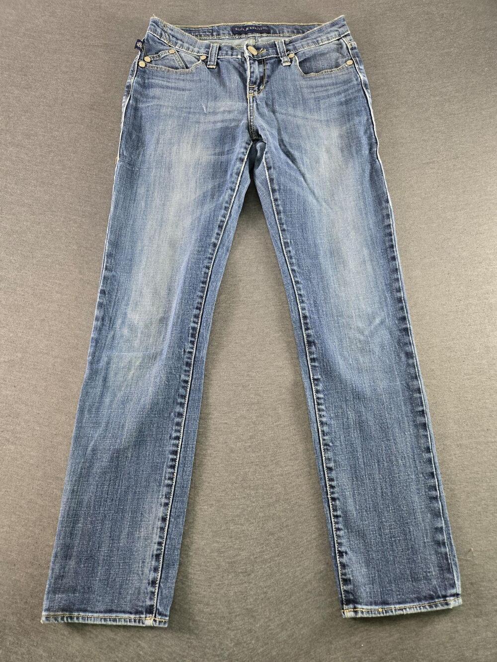 Rock & Republic Jeans Womens 8 Blue Low Rise Slim Straight Embroidered Denim